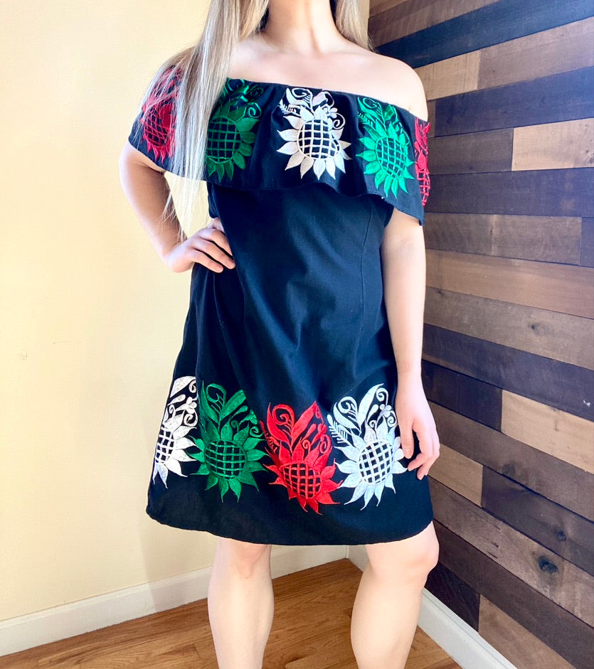 Tricolor Off-Shoulder Dress - Black
