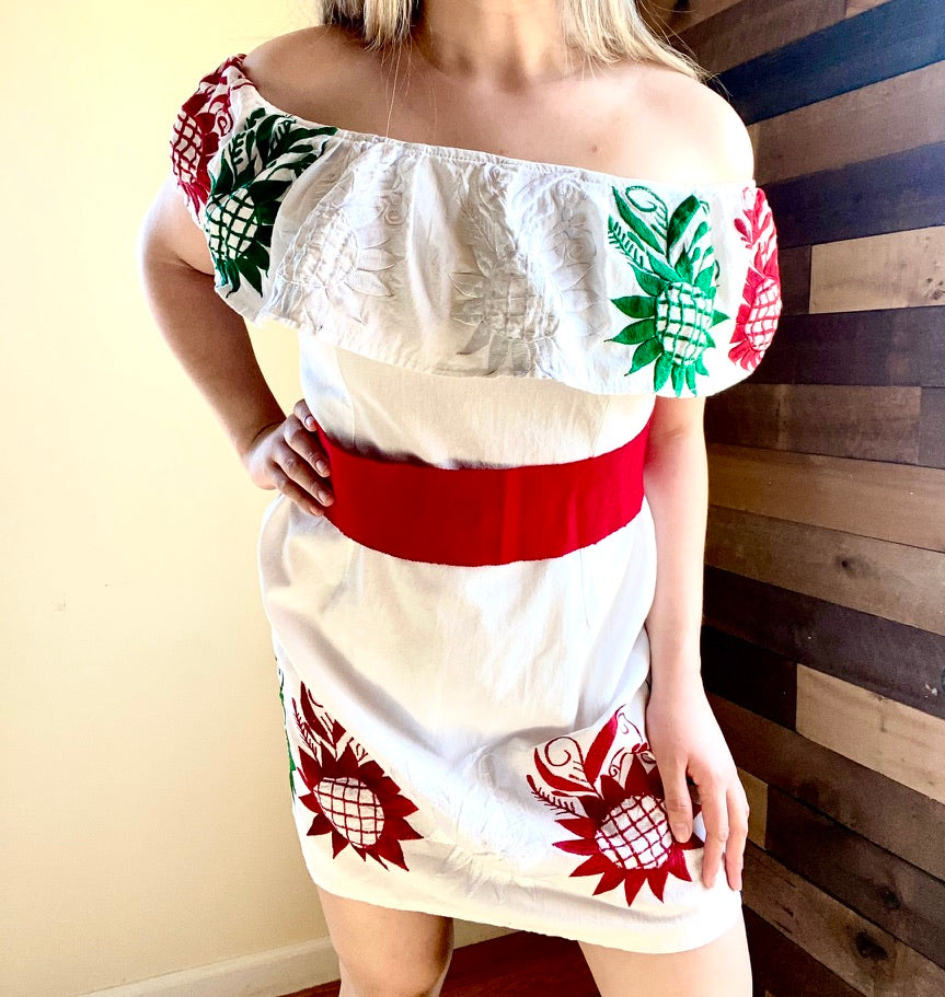 Tricolor Off-Shoulder Dress - White