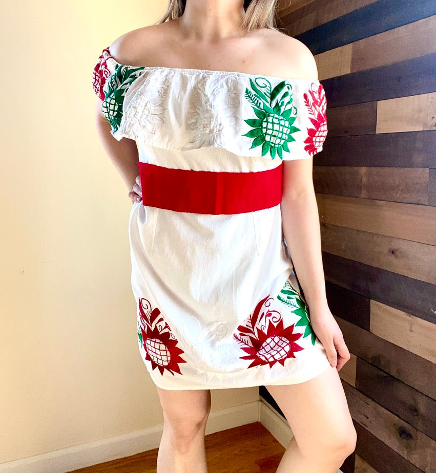 Tricolor Off-Shoulder Dress - White