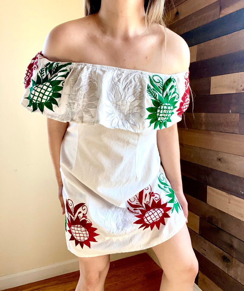 Tricolor Off-Shoulder Dress - White