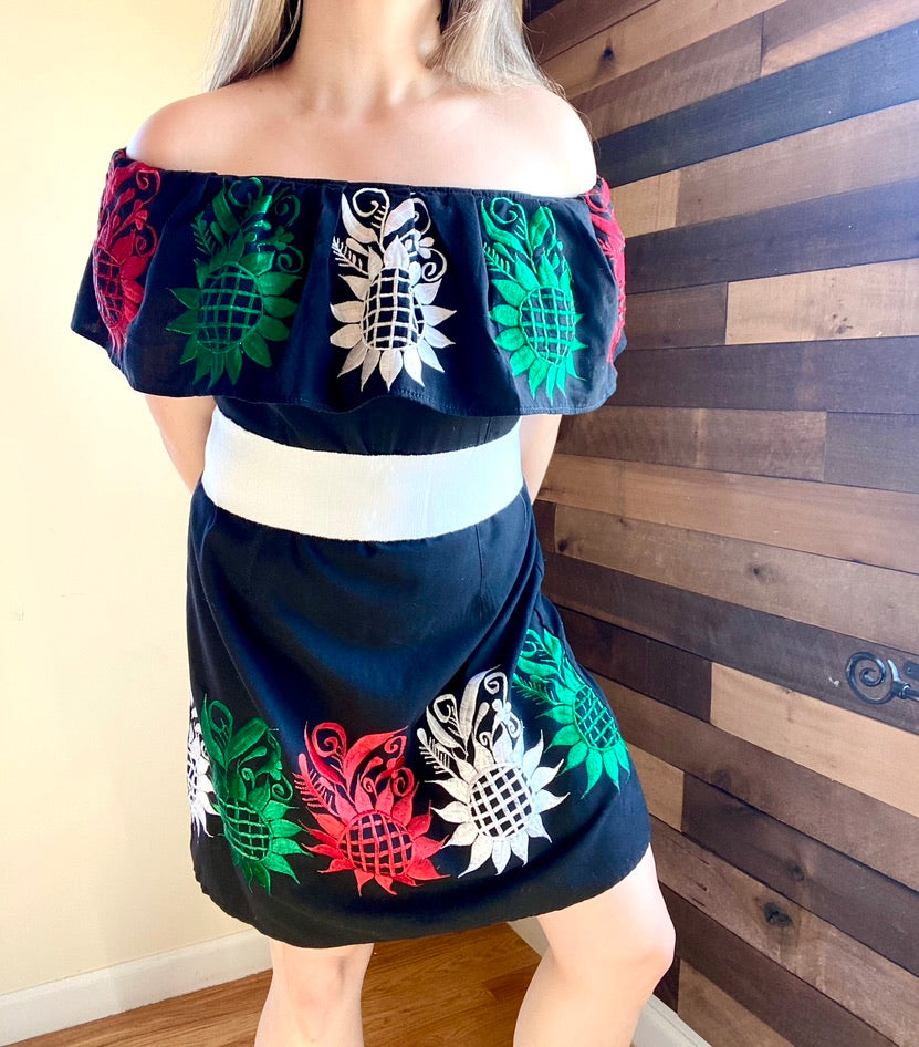 Tricolor Off-Shoulder Dress - Black
