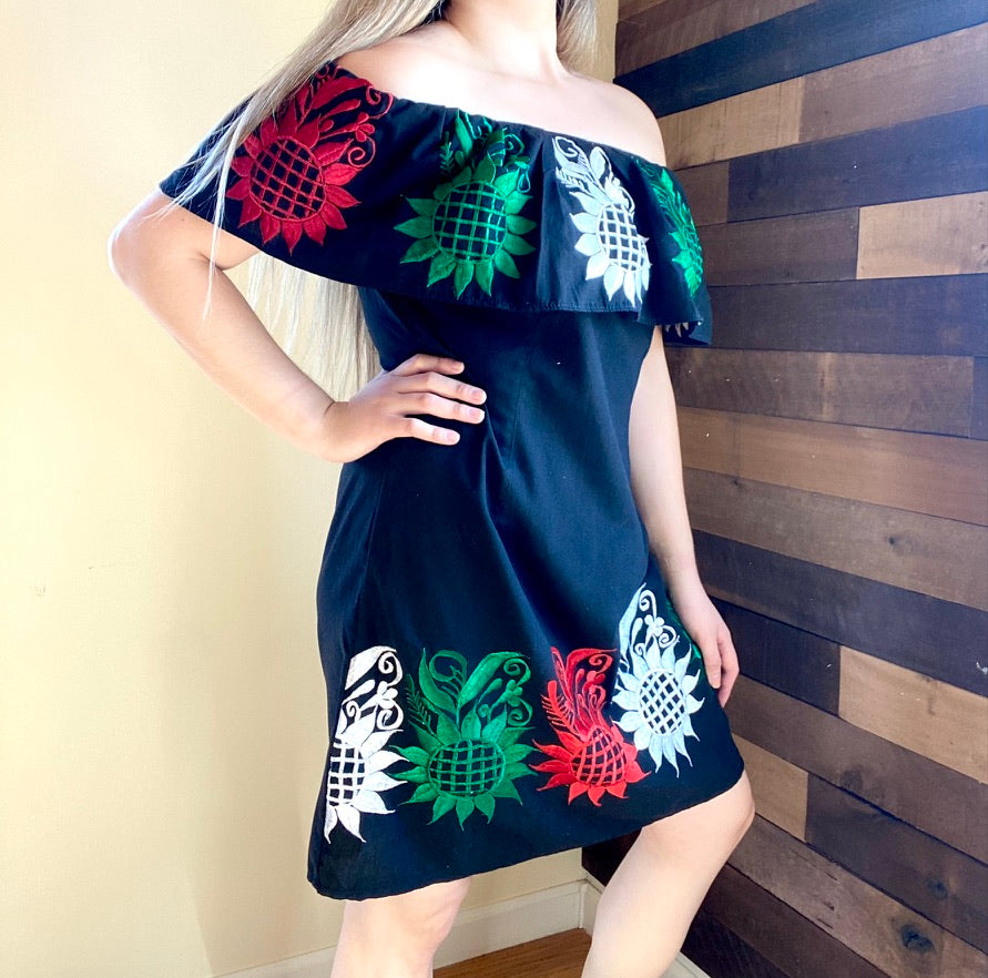 Tricolor Off-Shoulder Dress - Black